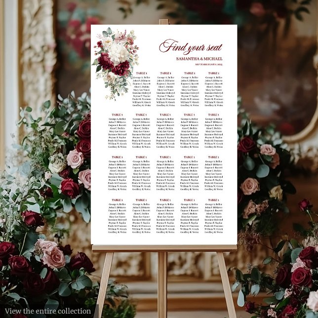Poster Gráfico de Sentados Florais Brancos de Casamento B (Boho wedding seating chart with watercolor burgundy and white roses with gold accents.)