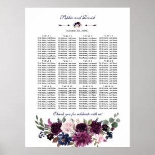 Poster Gráfico de Sentados Florais de Casamento Azul-Mari