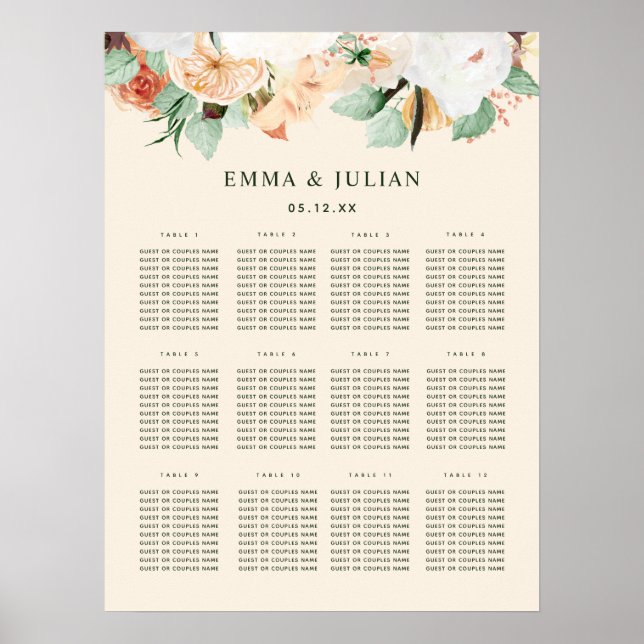 Poster Gráfico de Sentados Florais de Casamento Boho Peac (Frente)