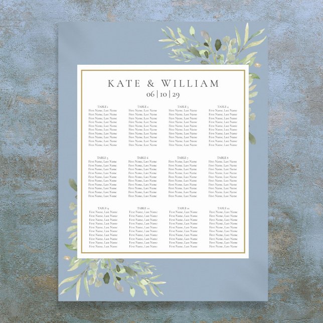Poster Gráfico de Sentos de Casamentos Vermelhos Azuis El (Elegant Dusty Blue Greenery Wedding Seating Chart)