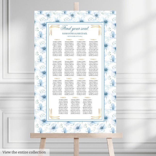 Poster Gráfico de Sentos Dourados Azul de Pastel Boho Mod (Modern Boho Pastel Blue Gold Glitter Seating Chart)