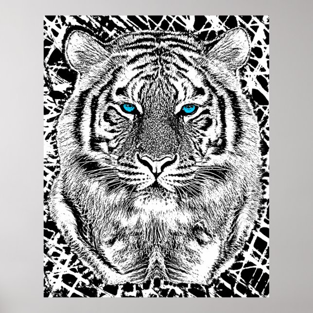 Poster Gráfico de Tigre Azul Preto E Branco (Frente)