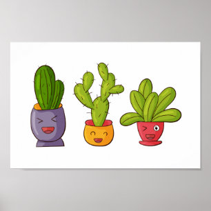 Poster Gráfico de três cactos bonitos em Potes de flores