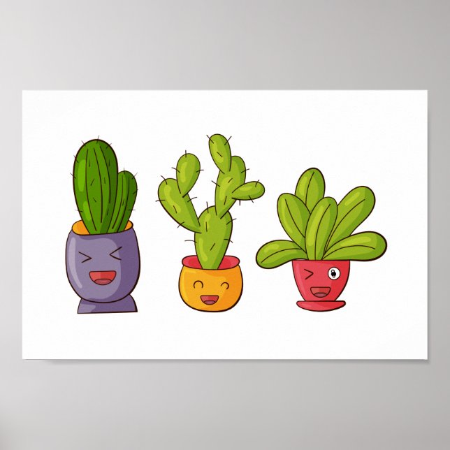 Poster Gráfico de três cactos bonitos em Potes de flores (Frente)
