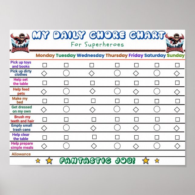 Poster Gráfico Diário de Chore de Super-Herói para Crianç (Frente)