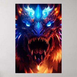 Poster Gráfico do Dragão Fantástico Azul e Vermelho Brilh
