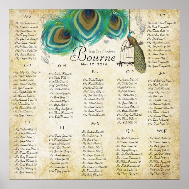 Póster Gráfico Dourado de Acoplamento de Aves Alfabético (Frente)