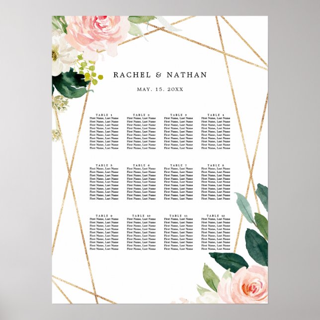 Poster Gráfico Dourado de Casamento Floral Branco Blush (Frente)