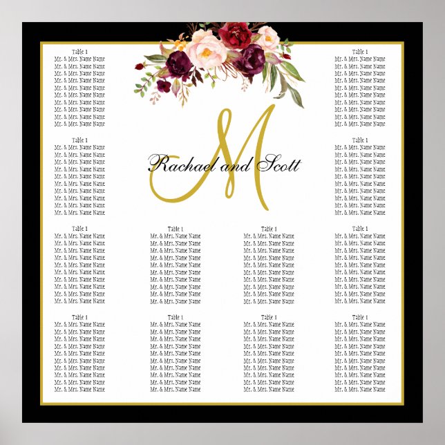 Poster Gráfico Dourado de Casamento Floral Negro (Frente)