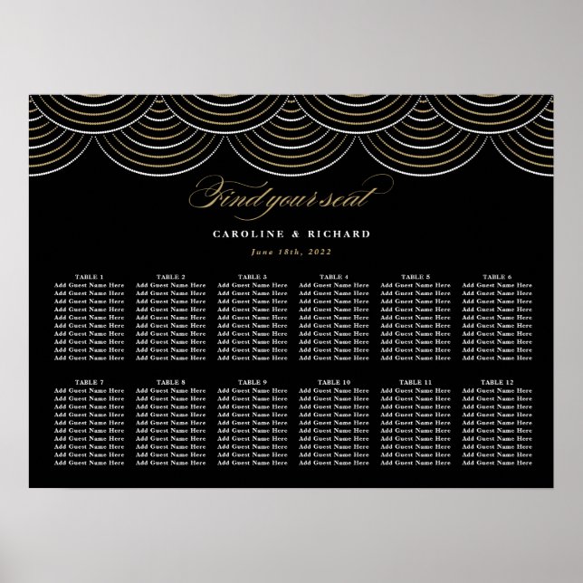 Poster Gráfico Dourado de Casamentos na Arte Deco Preto (Frente)