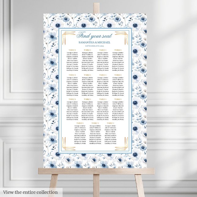 Poster Gráfico Dourado de Cores Aquáticas do Dreampael Pa (Dreamy Pastel Blue Gold Watercolor Seating Chart)