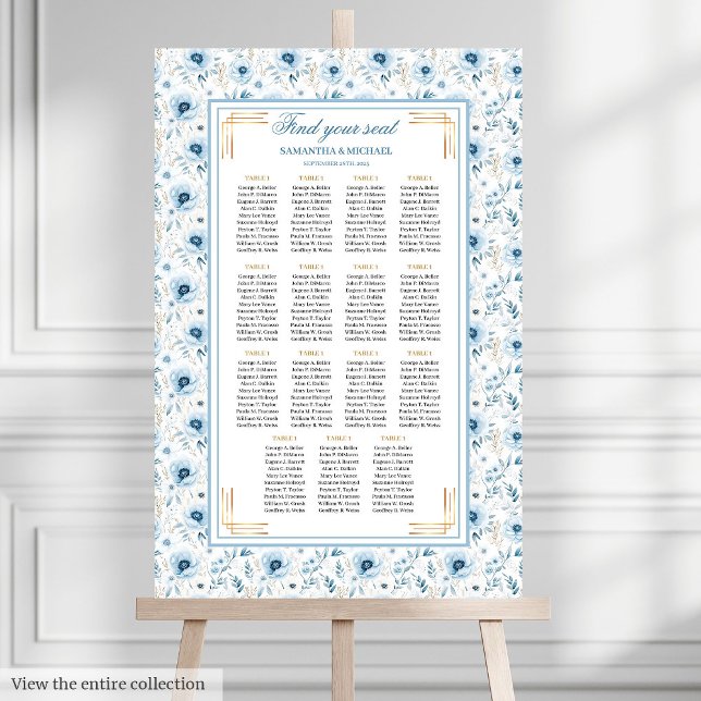 Poster Gráfico Dourado de Cores Aquáticas do Dreampael Pa (Dreamy Pastel Blue Gold Watercolor Seating Chart)