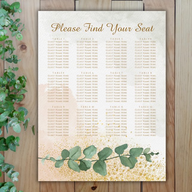 Poster Gráfico Dourado e Verde de Casamento Elegante (Elegant Green & Gold Photo Wedding Seating Chart (12 Tables))