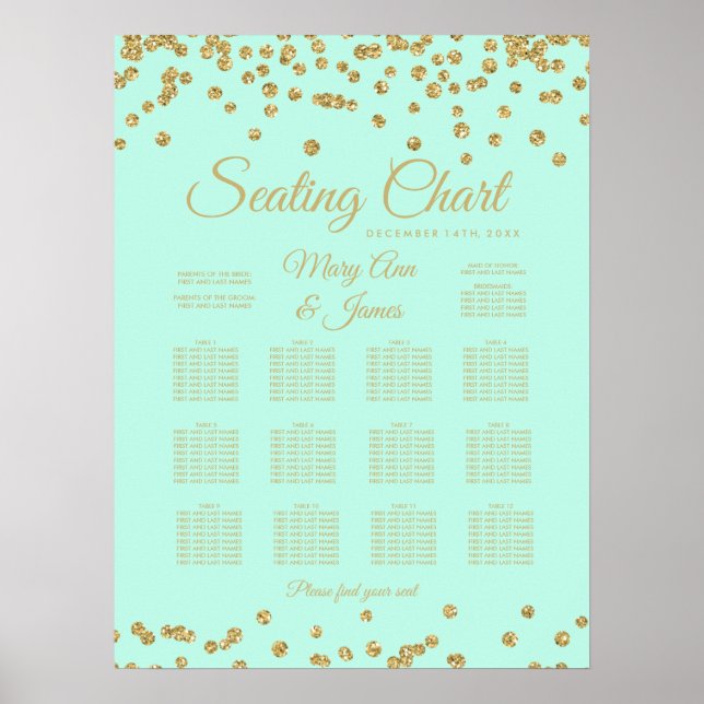 Póster Gráfico Dourado Faux Glitter Confetti Mint (Frente)