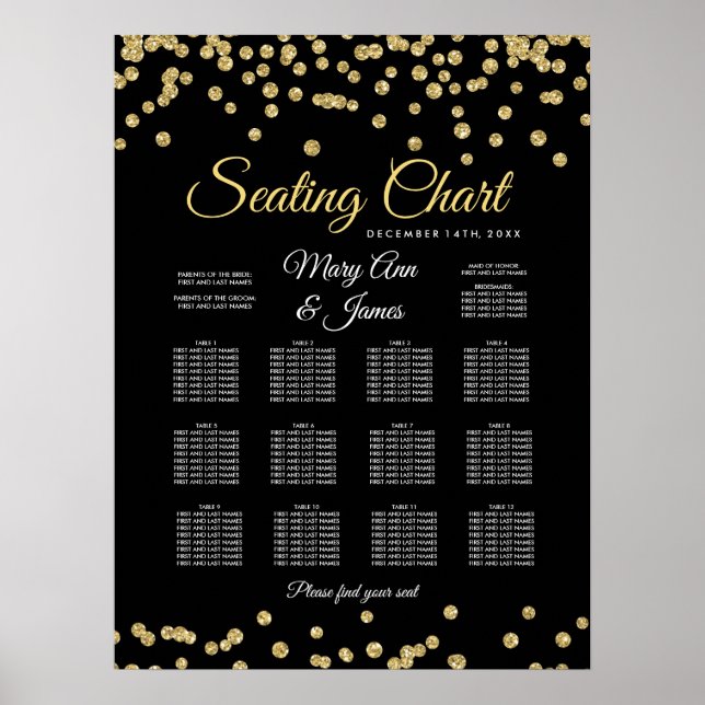 Póster Gráfico Dourado Faux Glitter Confetti Preto (Frente)