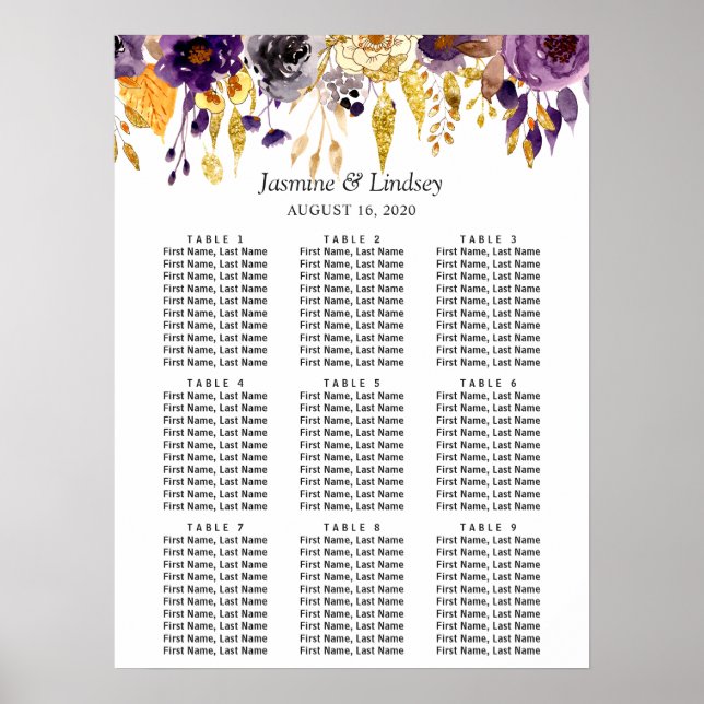 Poster Gráfico Dourado Floral 9 Mesas Casamento (Frente)