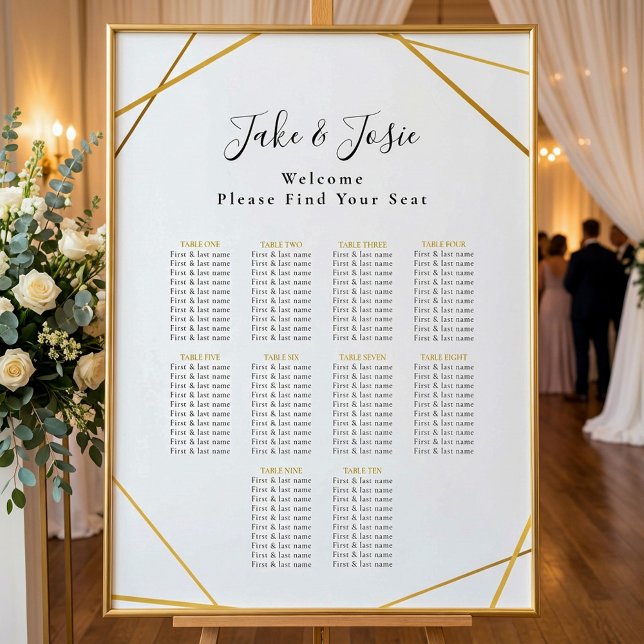 Poster Gráfico Dourado geométrico Sentado Elegante (Gold geometric Elegant Wedding Seating Chart.)