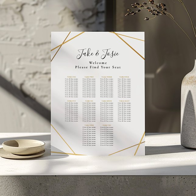 Poster Gráfico Dourado geométrico Sentado Elegante (Gold geometric border around a wedding reception seating arrangement guide. Bride and groom names.)