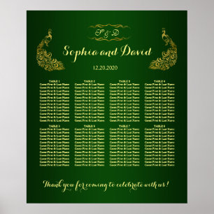 Póster Gráfico Dourado Real de Casamento de Peacock Verde