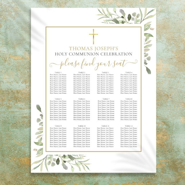 Poster Gráfico Dourado Sagrado de Seções Verde da Comunid (First Holy Communion Greenery Gold Seating Chart)