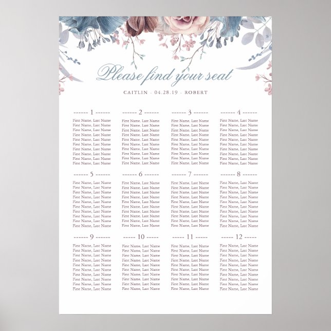Poster Gráfico Dusty Blue e Mauve Wedding Seating (Frente)