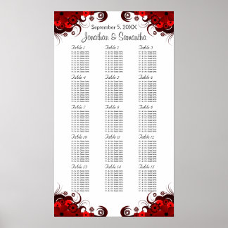 Póster Gráfico Floral 15 Mesas de Casamento Vermelho e Br