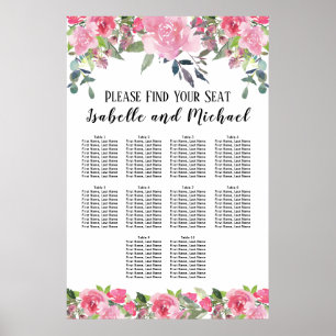 Poster Gráfico Floral de 10 Mesas com Aquarela Rosa