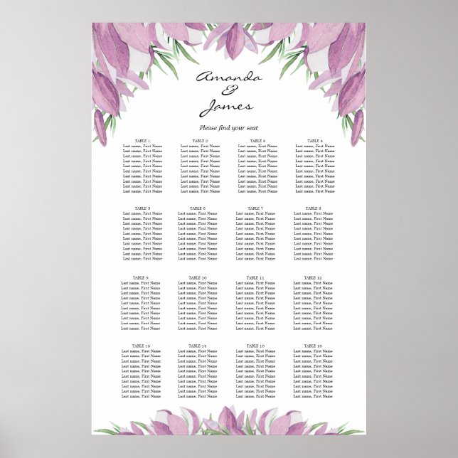 Poster Gráfico Floral de Casamento 16 Mesas (Frente)