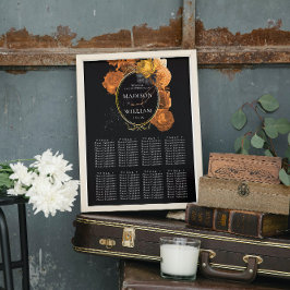 Poster Gráfico Floral de Casamento Preto e Dourado
