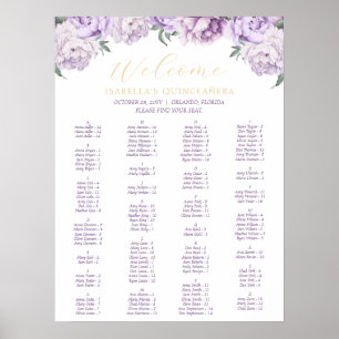 Poster Gráfico Floral de Quinceañera Roxo e Dourado
