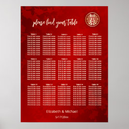 Poster Gráfico Floral Vermelho Chinês de Casamento