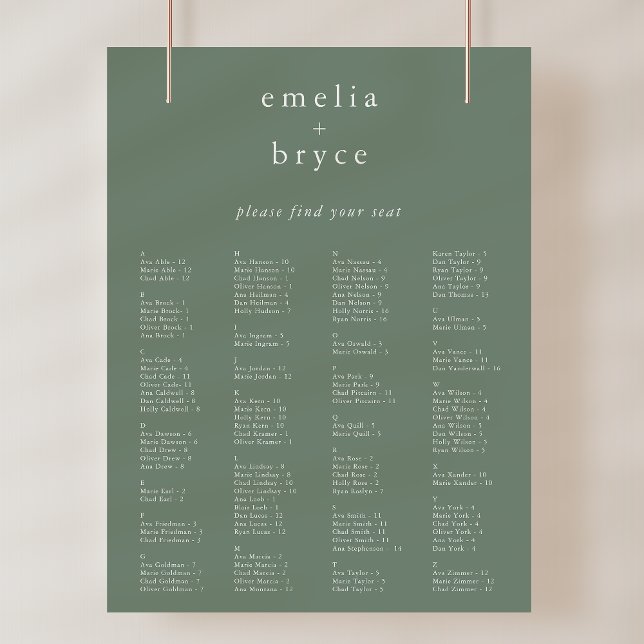Poster Gráfico Moderno de Casamentos de Casamentos de EME (EMELIA Sage Modern Wedding Seating Chart Template)