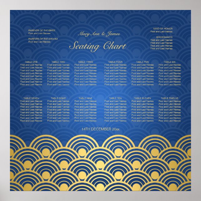 Póster Gráfico Sentado de Casamento Azul Dourado (Frente)