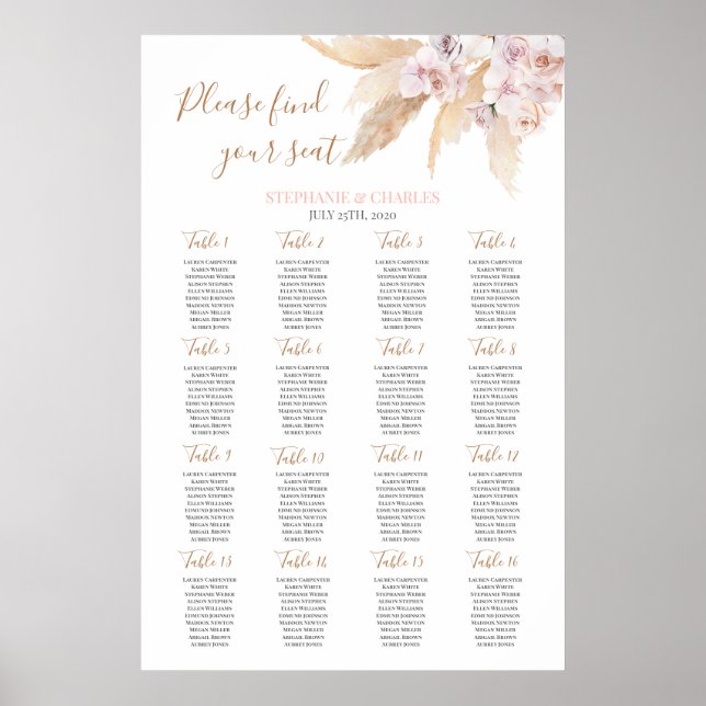 Poster Gráfico Sentado de Casamento de Boho Rosa-rosa-Des (Frente)