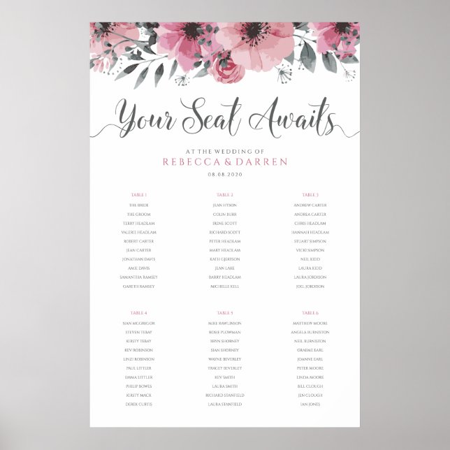Poster Gráfico Sentado de Casamento Rosa com 6 Mesas (Frente)