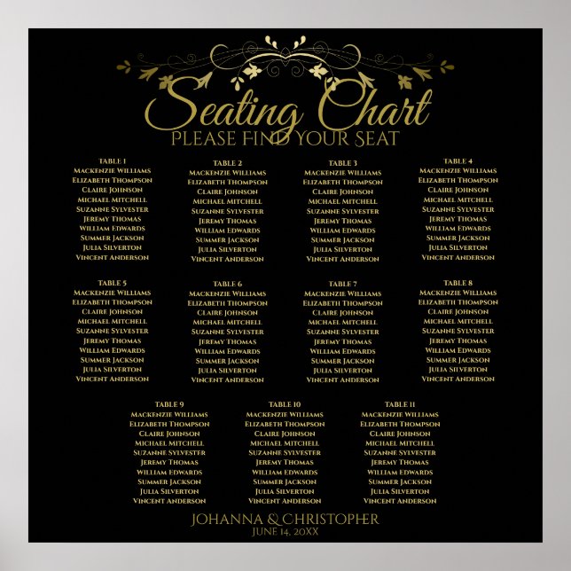 Poster Gráfico Simples de 11 Mesas de Casamento Dourado e (Frente)