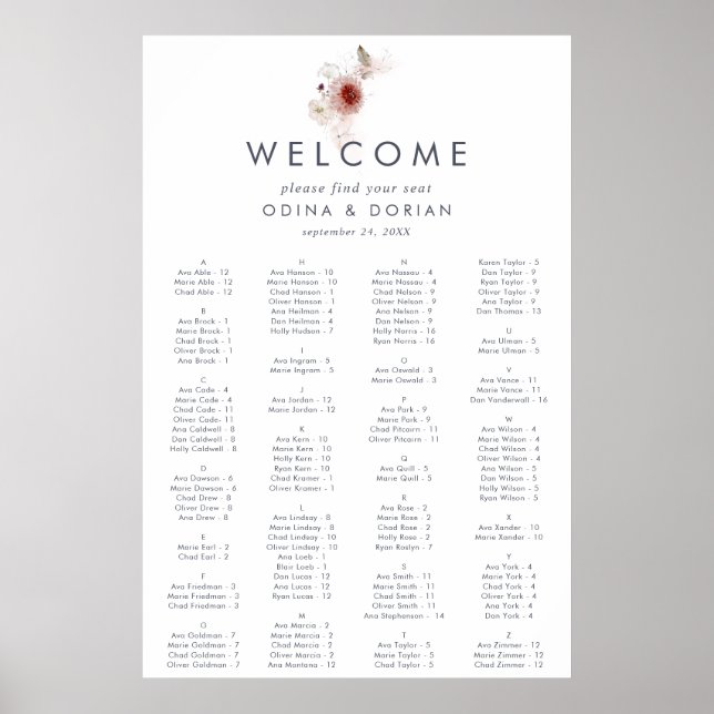 Poster Gráfico Simples Floral de Casamento Alfabético (Frente)