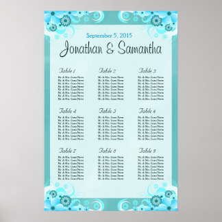 Póster Gráficos de Mesa de Casamento Floral Azul Aqua