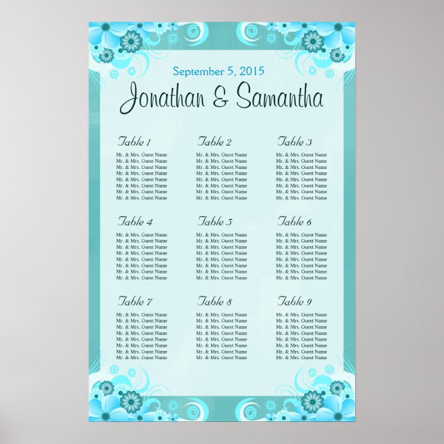 Póster Gráficos de Mesa de Casamento Floral Azul Aqua (Frente)