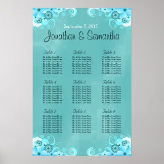 Póster Gráficos de Mesa de Casamento Floral de Teal Azul