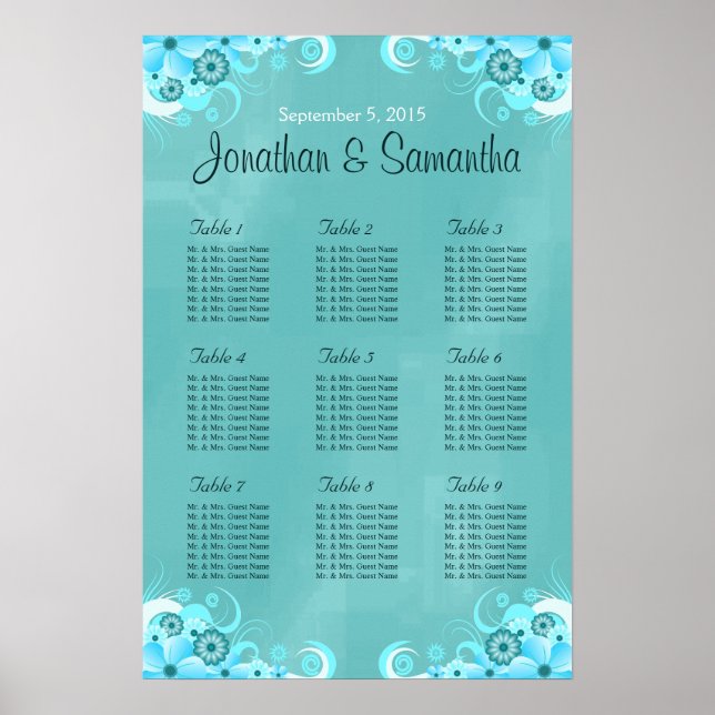 Póster Gráficos de Mesa de Casamento Floral de Teal Azul  (Frente)