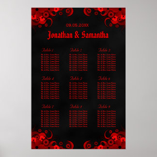 Póster Gráficos de Mesas de Casamento Black & Red Floral