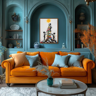 Poster Grafite Crianças Subindo Livros - Protesto Urbano