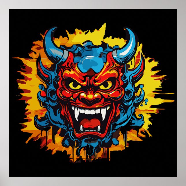 Poster Grafite Oni Mask Illustration Bold e Arte Única (Frente)