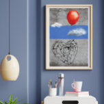 Poster Grafite Street Art Light-Heart Balon<br><div class="desc">Esta obra de arte mostra uma ilustração de um coração voando no céu através de nuvens, e acoplado a um balão vermelho. O título que escolhi é de coração leve. É um convite para não se importar muito, para não levar a vida a sério e para tirar proveito do momento...</div>
