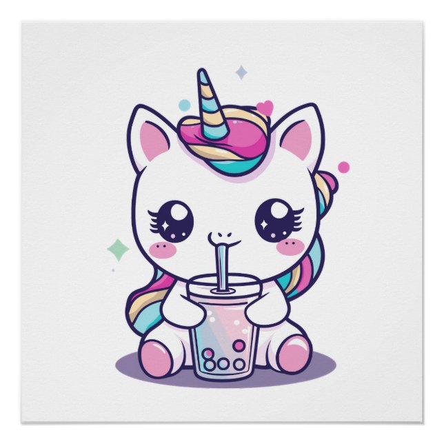 Póster Grafo fofo de Unicórnio Kawaii comendo Sopa de Mac (Frente)