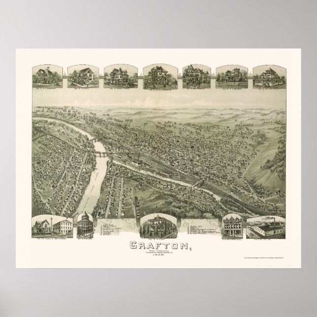 Póster Grafton, Mapa Panorâmico WV - 1898 (Frente)