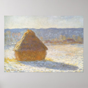 Póster Grainstack na manhã, efeito da neve por Claude