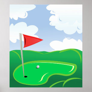 Poster Grama de Golfe com Bandeira Vermelha e Bola