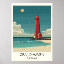 Poster Grand Haven Michigan Vintage Lighthouse Beach Art